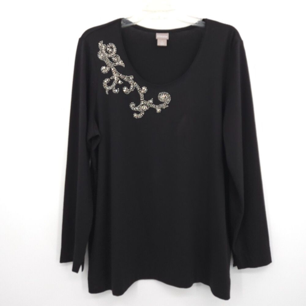 Chico's‎ black rhinstone beaded embellished knit top Size 3 (XL) long sleeve